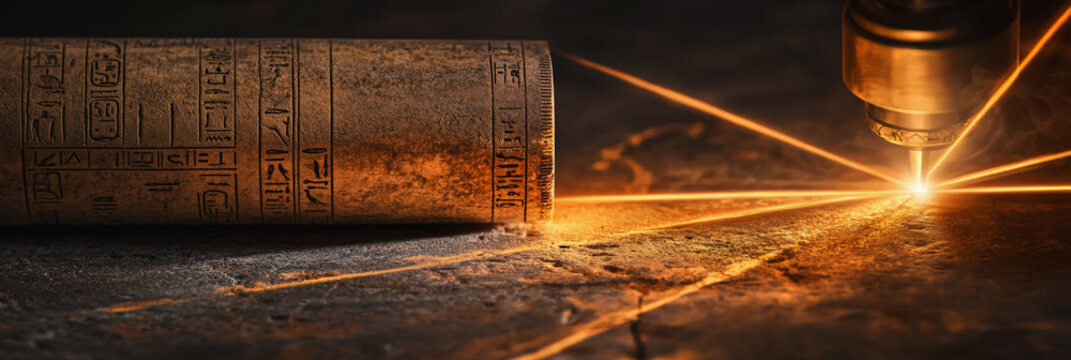 A laser engraving machine etches intricate patterns onto an ancient Egyptian cubit rod, casting glowing orange light and fine sparks on a textured surface