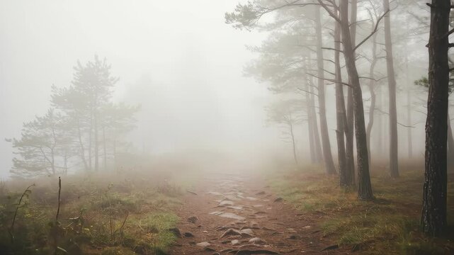 Ethereal Forest Path Through Dense Fog with Tall Trees and Autumn Foliage