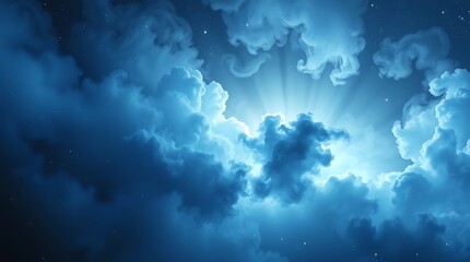 Fototapeta premium A serene night sky filled with fluffy clouds and twinkling stars illuminated by a radiant light source