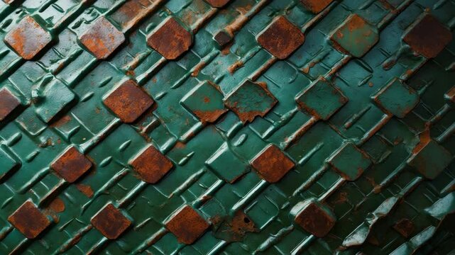 Aerial perspective of a worn metal diamond plate texture background, oxidized panel showcasing a diagonal oval grid pattern, aged raised metal surface designed to prevent slipping.