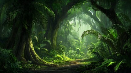 Lush jungle scene serene forest path through dense foliage