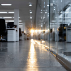 Bright Modern Office Workspace with Glass Partitions Creating a Professional Atmosphere at Sunset