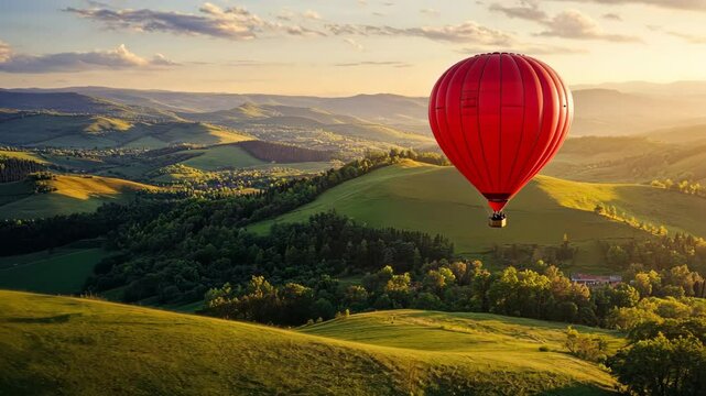 A vibrant red hot air balloon slow floats gracefully over lush green hills at sunset, creating a stunning contrast against the blue sky and illuminating the landscape below