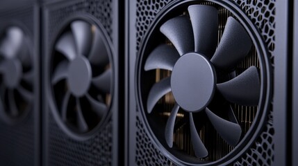 Close-up of black cooling fans mounted on a sleek industrial or computer hardware component.