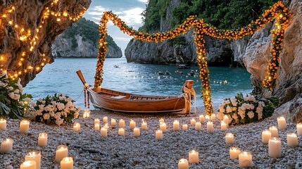 Romantic evening boat setup tranquil cove event decoration scenic beach romantic atmosphere nature escape