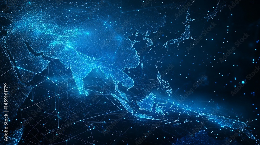 Wall mural global connectivity visualized. asia's intricate network of digital links shines through a detailed 