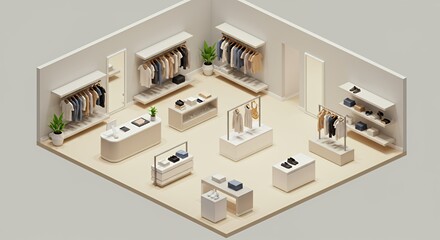 Minimalist Clothing Boutique: Isometric 3D Render of a Modern Apparel Store