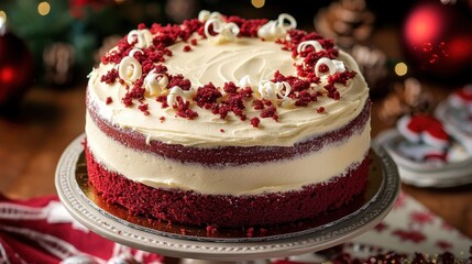 A beautifully decorated red velvet cake with white frosting and festive holiday decorations.