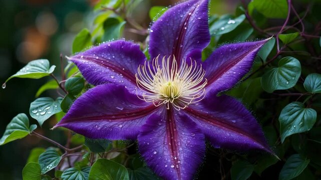 Vibrant purple clematis flower surrounded by foliage.
