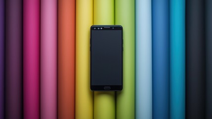 Colorful rolls of fabric surrounding a dark smartphone.