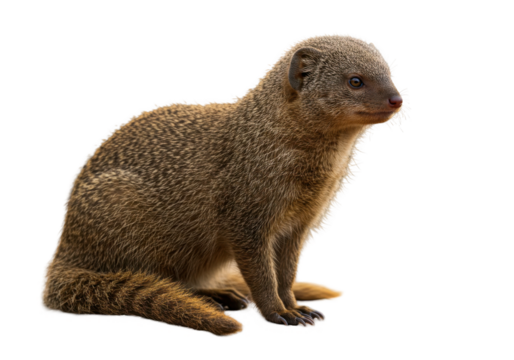 Alert mongoose sits against black fur ruffled watching with bright eyes