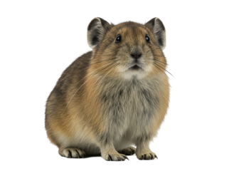 Alert Pika A furred mammal stands on hind legs against a black backdrop ears perked and whiskers extended