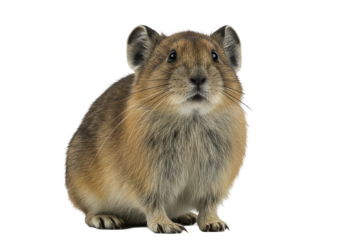 Alert Pika A furred mammal stands on hind legs against a black backdrop ears perked and whiskers extended