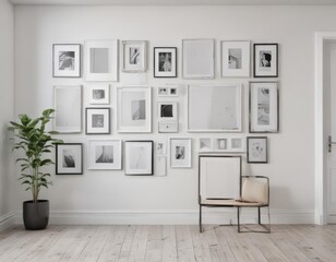 Fototapeta premium Sleek white wall featuring various sized frames, some empty, others with abstract art mockups , artwork, picture frames