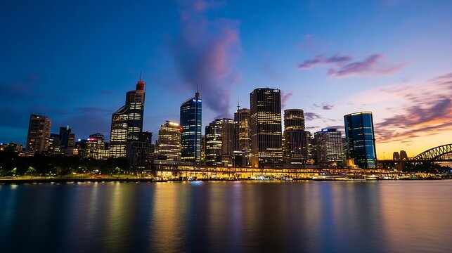 Sydney city skyline at twilight, illuminated skyscrapers reflected in calm water, vibrant sunset colors in the sky, modern architecture, urban landscape. : Generative AI
