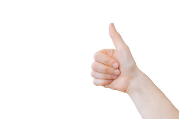 Thumbs up gesture by female hand isolated on white background