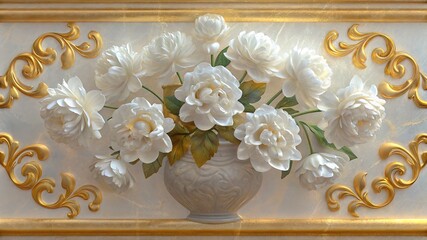 Elegant white peony blossoms beautifully fill a carved vase against a marble background with gold details