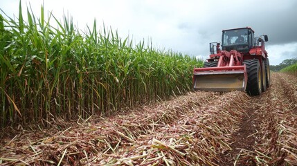 A red tractor actively harvesting a sugarcane field on a cloudy day, showing agricultural work.
