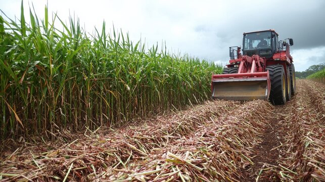 A red tractor actively harvesting a sugarcane field on a cloudy day, showing agricultural work.