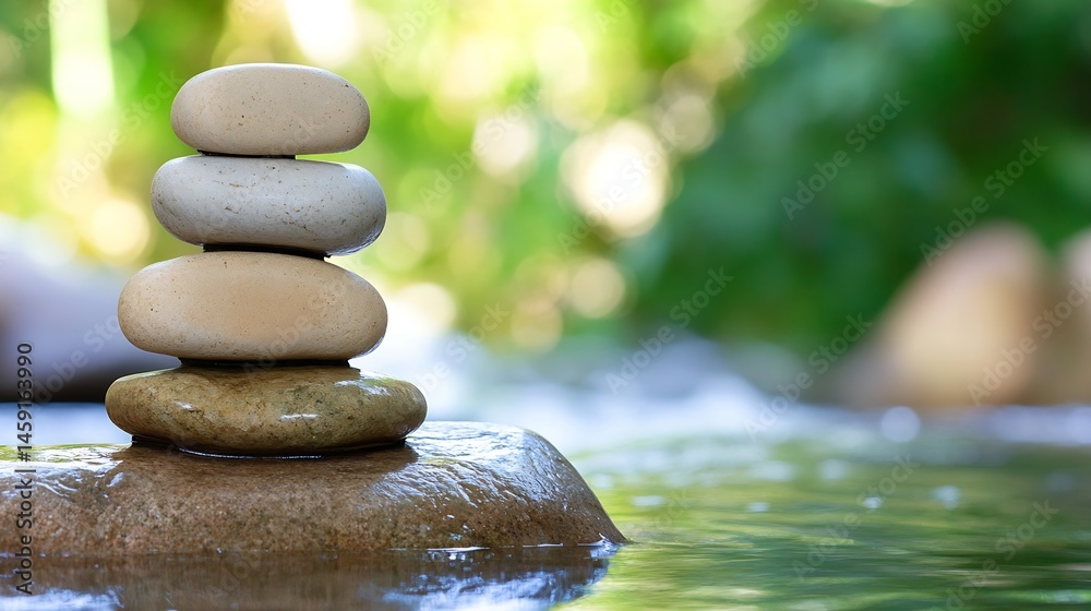 Aufkleber serene stack of smooth river stones by calm water, a peaceful zen garden scene in nature with a soft