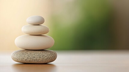 Serene Stack of Smooth, Pale Stones on Wooden Surface with Blurred Green and Beige Background, Evoking Tranquility and Balance. : Generative AI