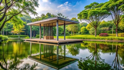 Fototapeta premium Modern pavilion amidst a serene park with vibrant greenery and a small pond in the background, scenic