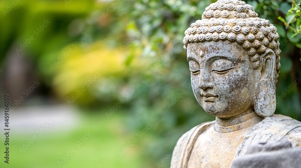 Poster serene stone buddha statue in a peaceful garden setting, showcasing intricate details and a weathere
