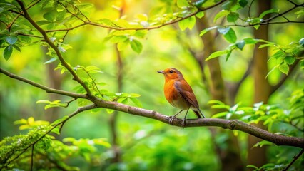 Bird perched on a tree branch in a forest, leafy branches, green,  leafy branches, green, serene landscape