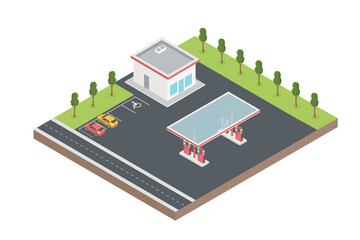 Gas station point with maintenance service at busy road intersection. Passenger car refueling at gas station. Aerial view 3D vector isolated on white background
