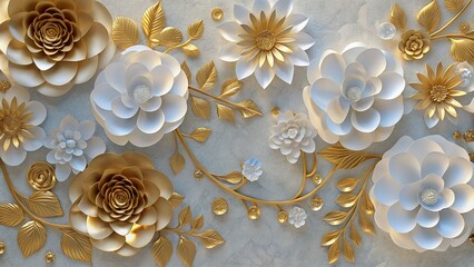 Golden leaves and white paper flower bloom elegantly across textured wall for luxurious backdrop
