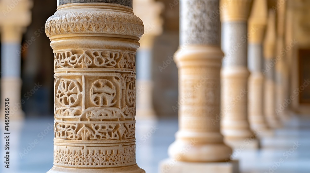 Fototapete close-up of intricately carved stone column, showcasing detailed arabesque patterns and textures, se