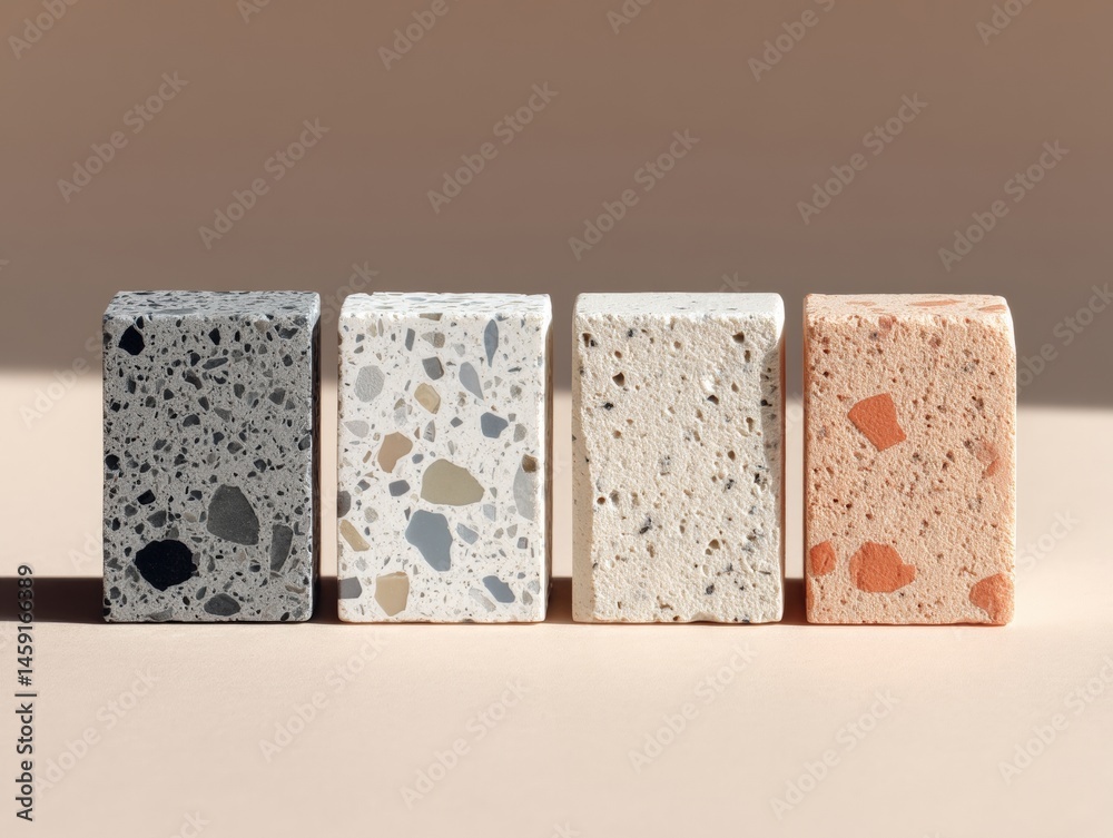Poster four rectangular stone samples with varying colors and textures are displayed vertically on a neutra