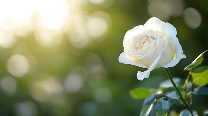 Single white rose illuminated by sunlight, delicate petals, green foliage bokeh background, romantic floral image, nature photography. : Generative AI