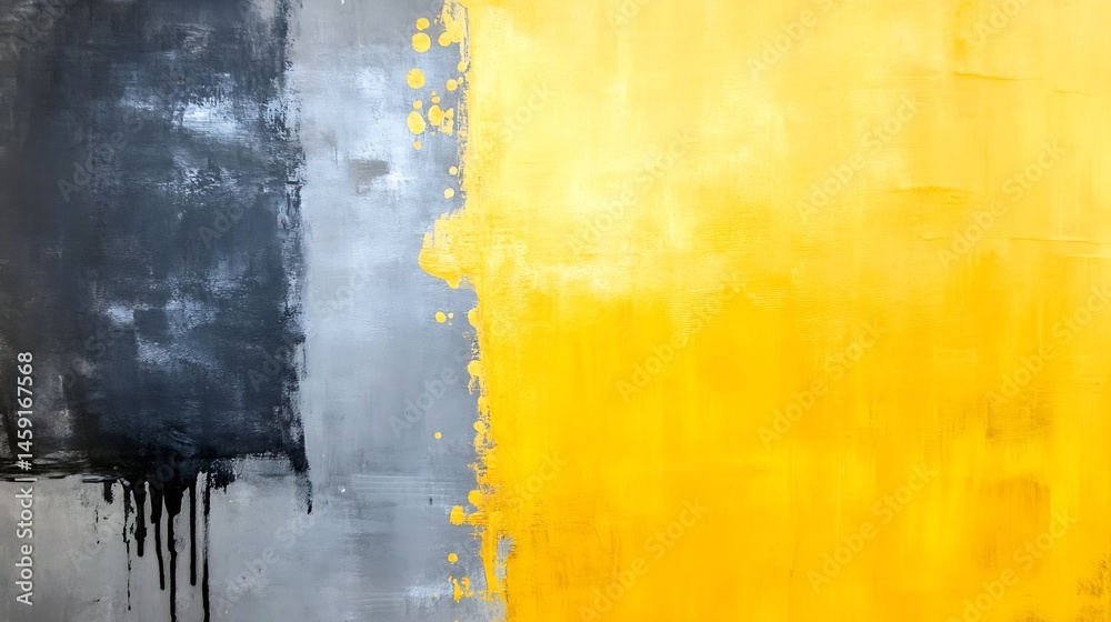 Poster Abstract painting with bold strokes of black, gray, and vibrant yellow, creating a dynamic and energetic composition. The texture is thick and impasto, adding depth and visual interest : Generative AI