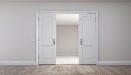 Open & closed white doors, crisp white backdrop, interior setting,  minimalist,  interior,  hallway