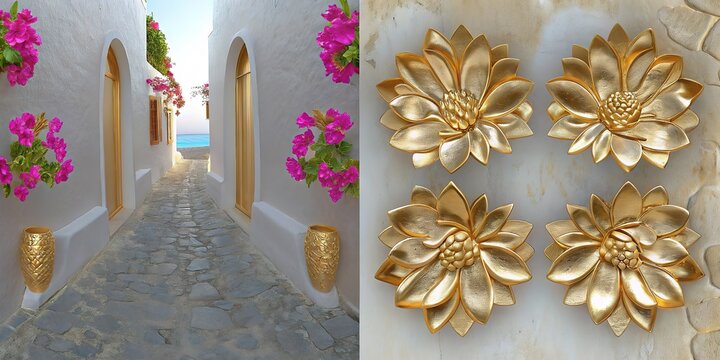 Fototapeta Serene Greek street view boasts white walls, pink bougainvillea, and golden flower wall decorations