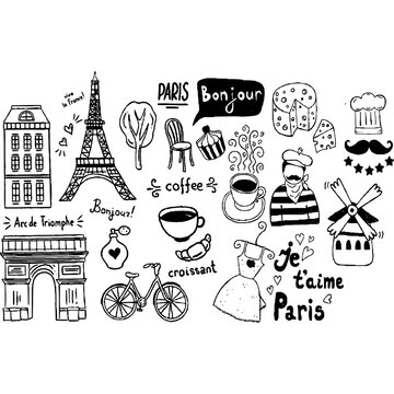 Hand-drawn Paris-themed doodles including Eiffel Tower, Arc de Triomphe, croissant, coffee, bicycle, and French phrases, perfect for travel, culture, and lifestyle designs.