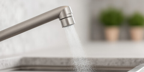 Faucet releases a stream of water into a kitchen sink area. Clean water usage, kitchen hygiene