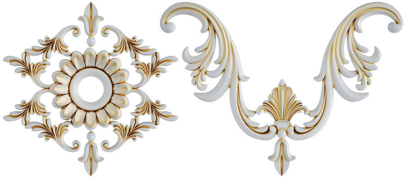 Gold patina ornament on transparent background, cut out, 3D render
