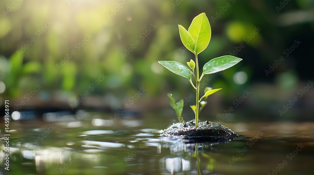 Aufkleber a vibrant green sprout emerges from a small rock, nestled gently in a tranquil stream, bathed in sof