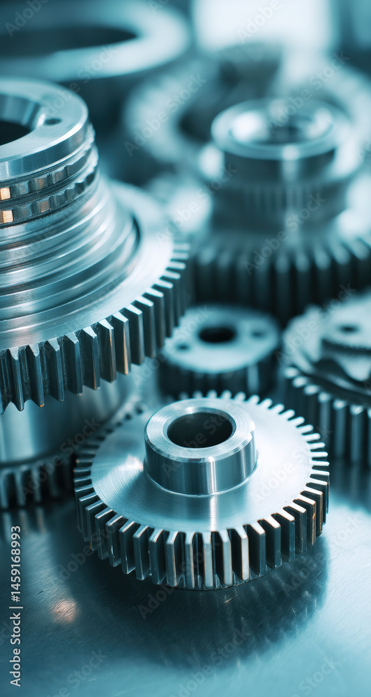 Poster Closeup view of intricate metal gears showcasing precision engineering and industrial machinery components.  The image highlights the detailed craftsmanship and complex interlocking de : Generative AI
