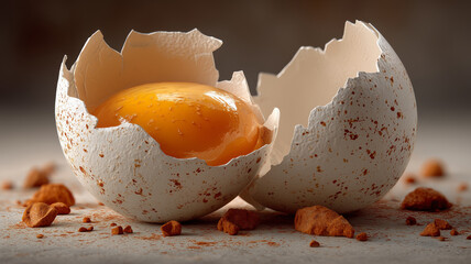 Cracked egg shell revealing golden yolk in a cozy kitchen setting