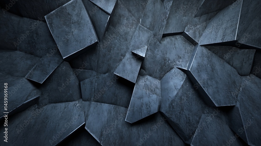Poster Abstract dark blue geometric shapes, resembling a fragmented concrete or stone wall, creating a textured and dramatic background. : Generative AI