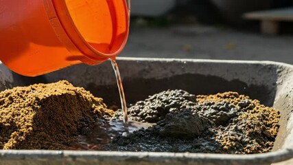 Water Pouring from an Orange Bucket onto a Mixture of Gravel and Cement in a Construction Site Setting, Creating Splashes and Ripples