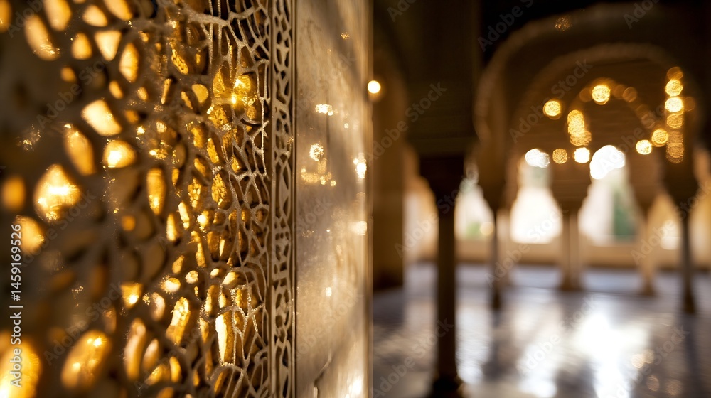 Poster intricate golden latticework glows softly, illuminating a blurred background of an opulent hall with