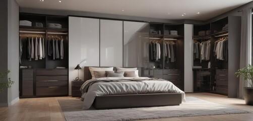 Sleek modern bedroom, spacious walk-in closet ,  bedroom design,  design,  contemporary