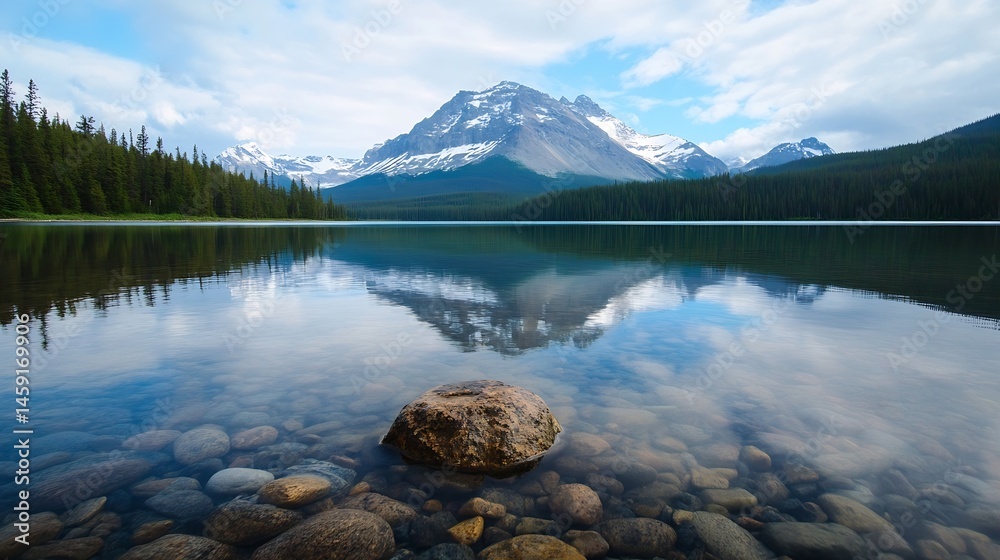 Aufkleber serene mountain lake reflecting snow-capped peaks and a tranquil sky, with clear water revealing smo