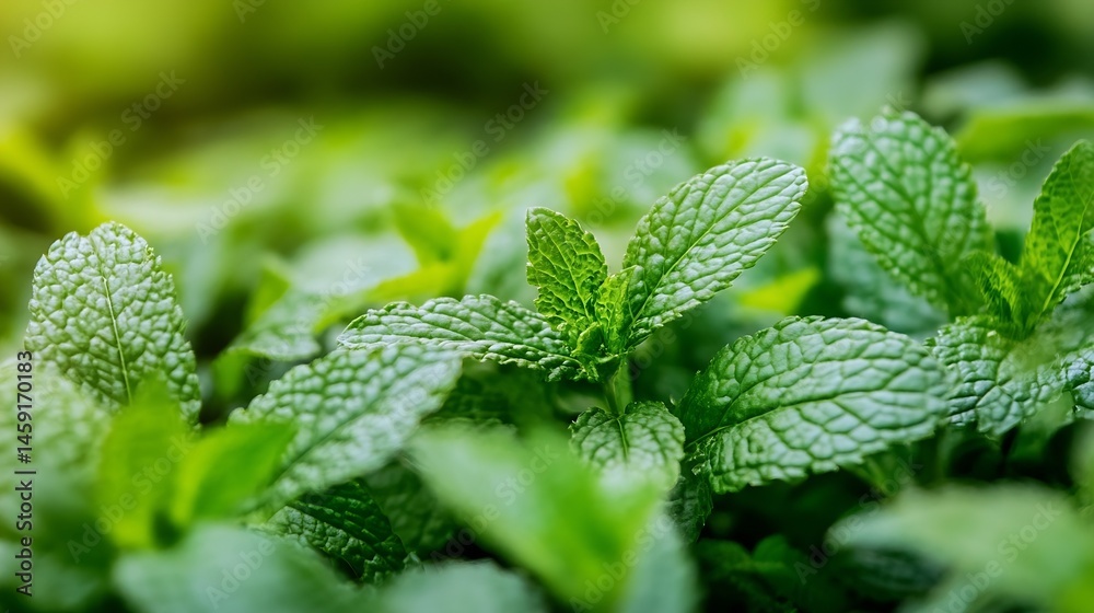 Poster close-up view of vibrant green mint leaves, showcasing their textured surface and lush growth in a n