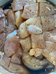 Marinated raw chicken pieces with herbs and spices, showcasing fresh ingredients and culinary preparation for flavorful cooking