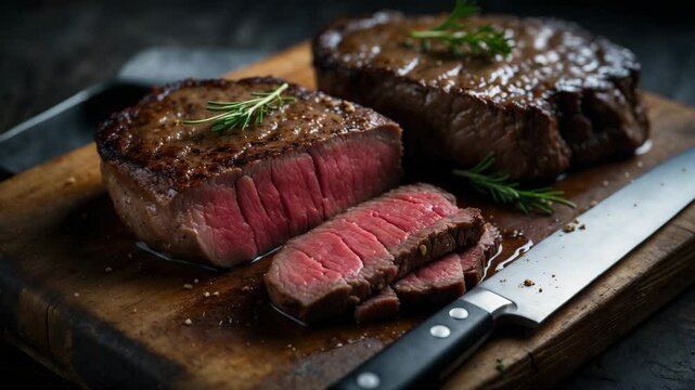 Fried traditional dry aged beef rump steak, showcased up close on a vintage wooden board.